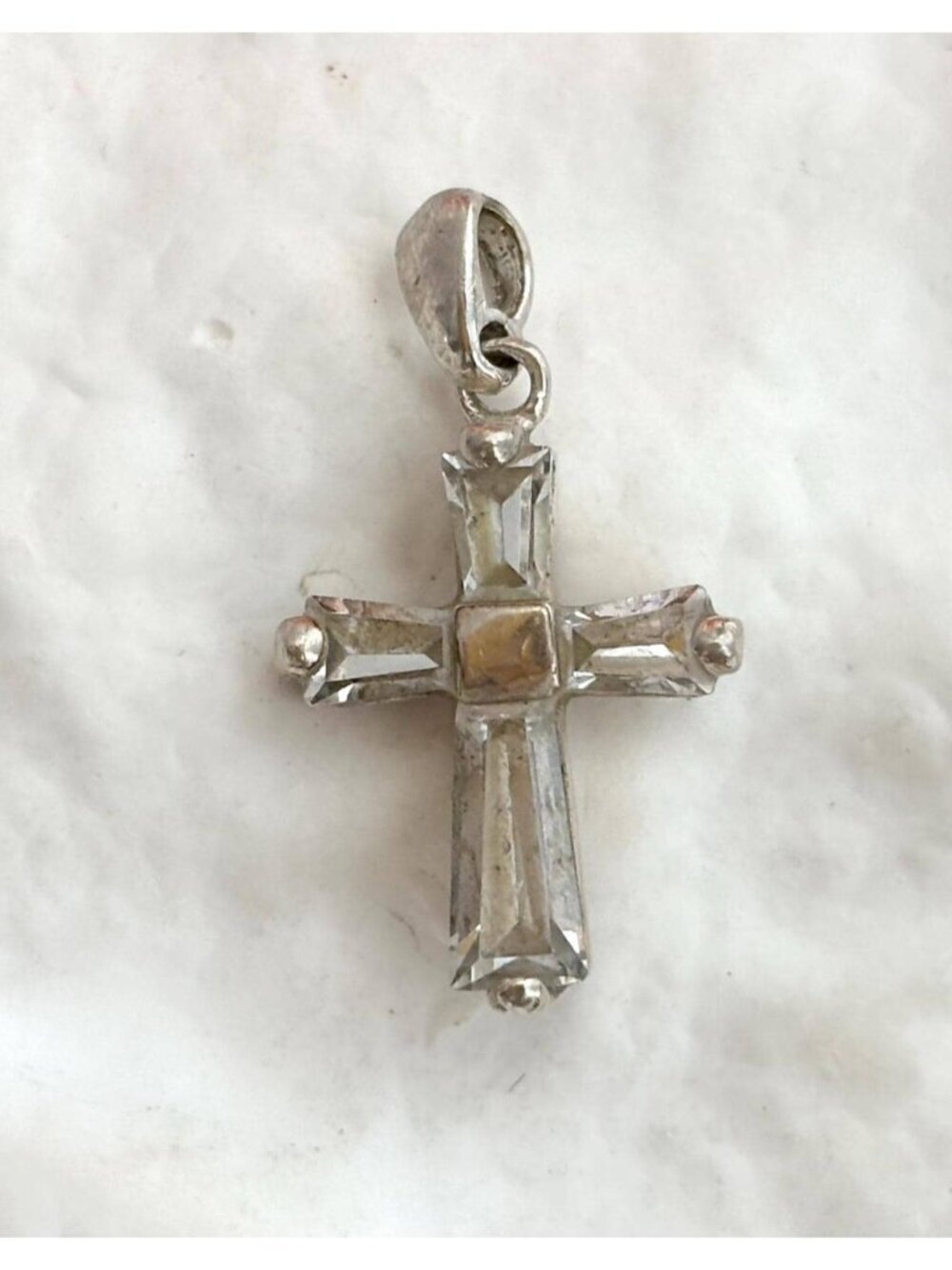 Cross Shaped Rhinestone Accented 925 Sterling Silver Vintage Pendant | Charm